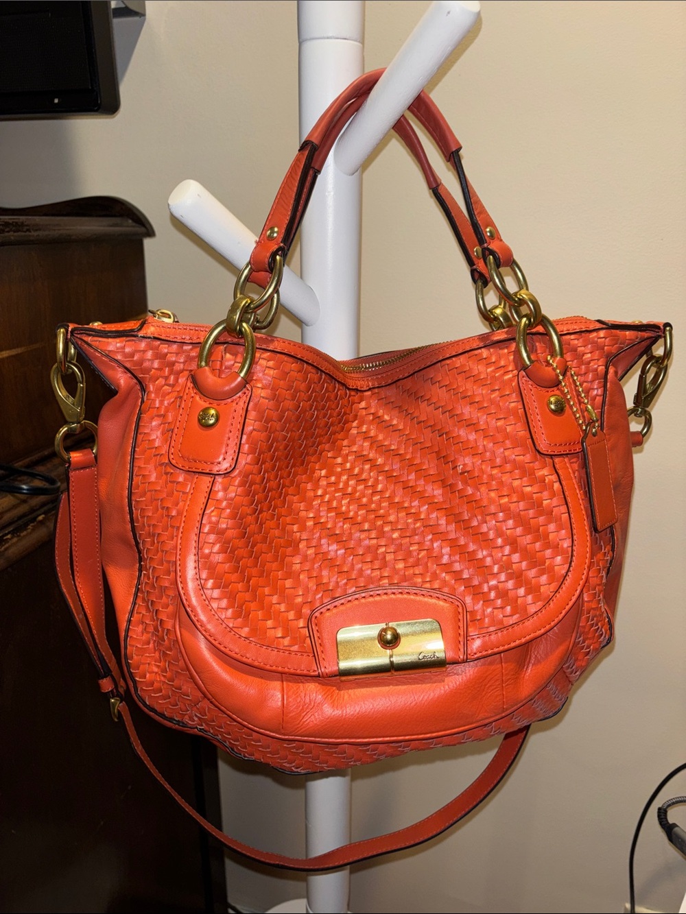 Coach Orange Woven Leather Shoulder Bag with Gold Hardware